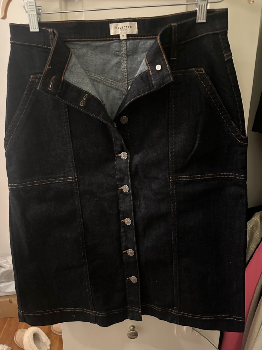 Selected Femme Black Straight-Leg Denim Skirt with Front Buttons